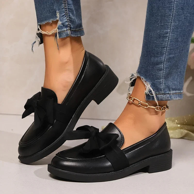 2025 Spring Black Bow Tie Loafers Women Preppy Platform Thick Sole Pumps Lady British Retro Style Office Pu Leather Shoes Mujer