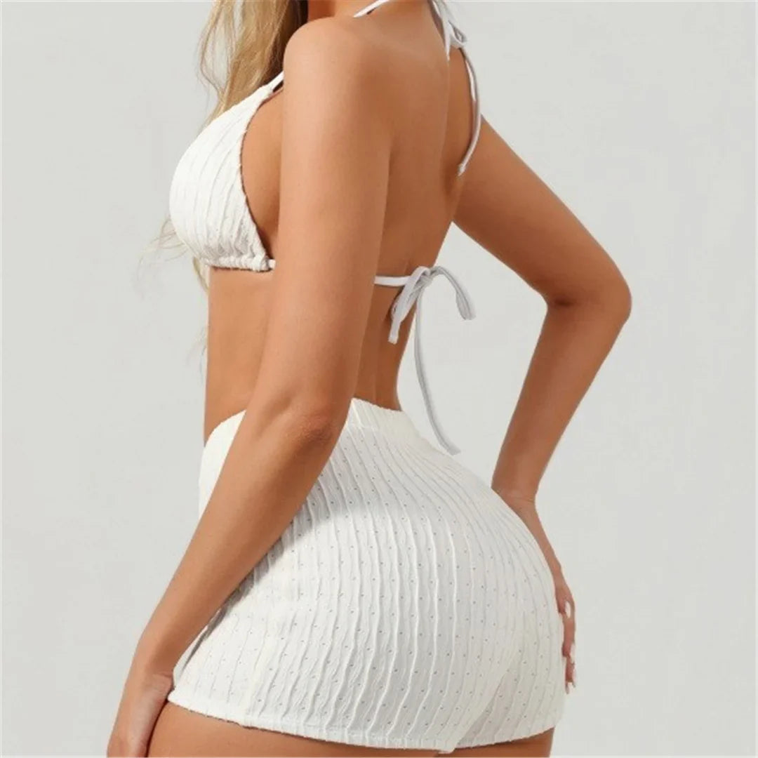 S - XL New With Cover Up Female Swimsuit High Waist Bikini Women Swimwear Bather Bathing Suit Swim Three-pieces Bikini set K8084