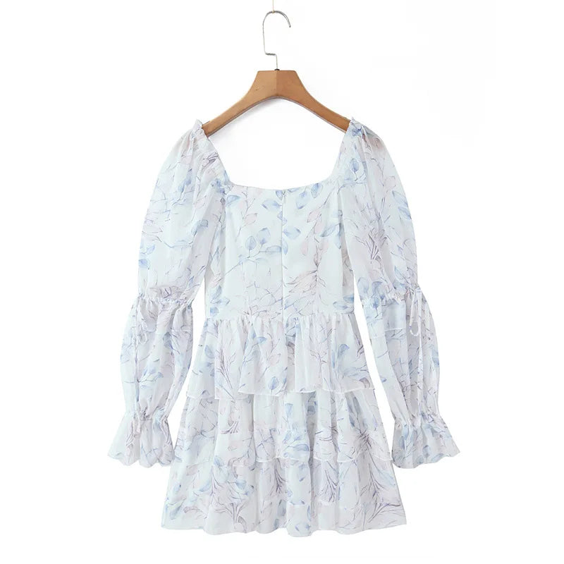 Sweet Long-sleeve Dress For Women Pleated Printed Short Women White Floral Print Mini Dress Long Puff Sleeve For Beach 96U3