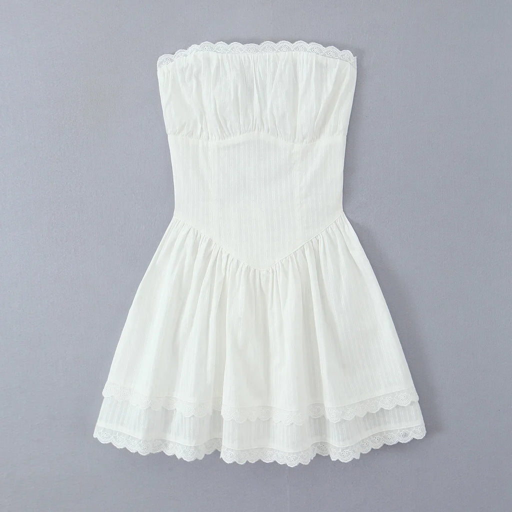 White Lace Dress Women Strapless Sleeveless Short Summer Dress Corset Cotton Mini Beach Casual Vestidos Party Dress 2025