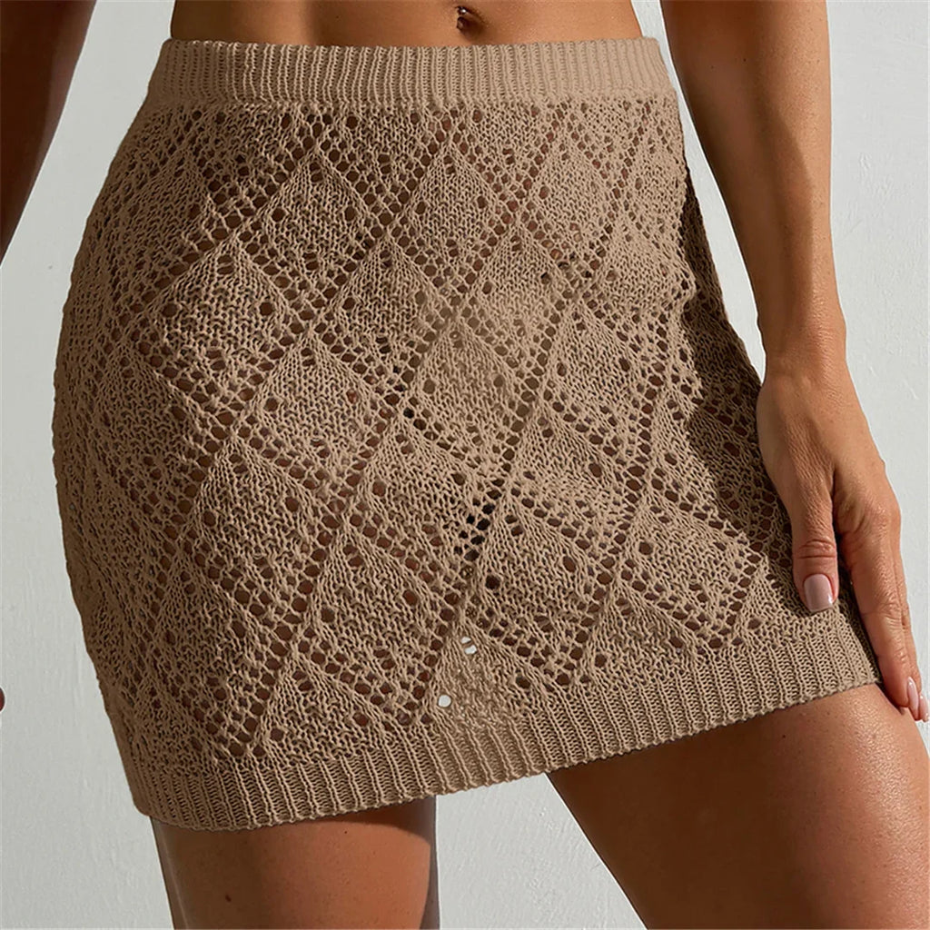 Sexy Hollow Out Crochet Knitted Tunic Beach Cover Up Cover-ups Beach Dress Beach Wear Beachwear Mini Skirt Female Women K6587