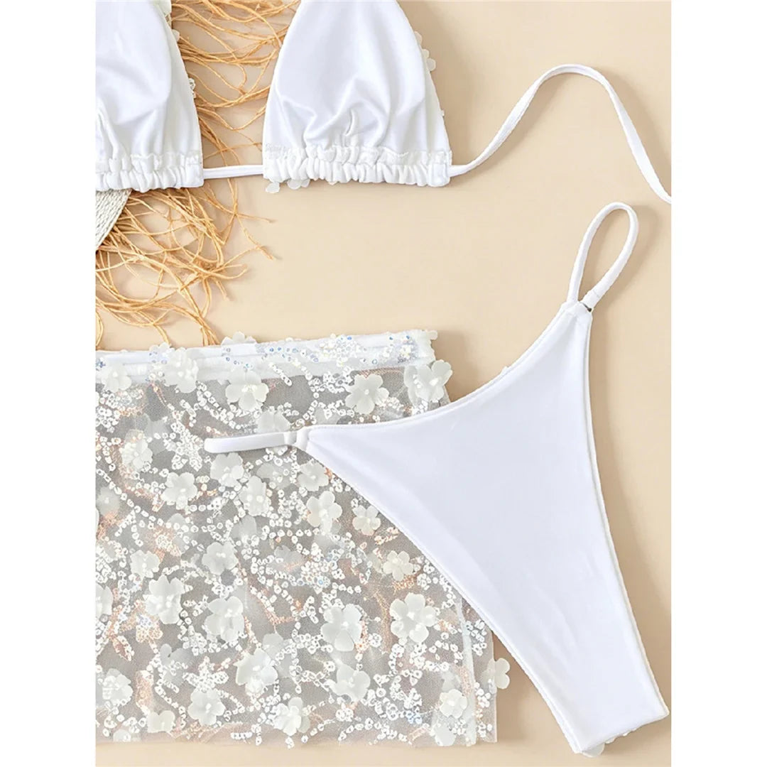 S - XL Three-pieces Bikini set With Skirt Flowers Sequins Bikini Female Swimsuit Women Swimwear Bather Bathing Suit Swim V7864