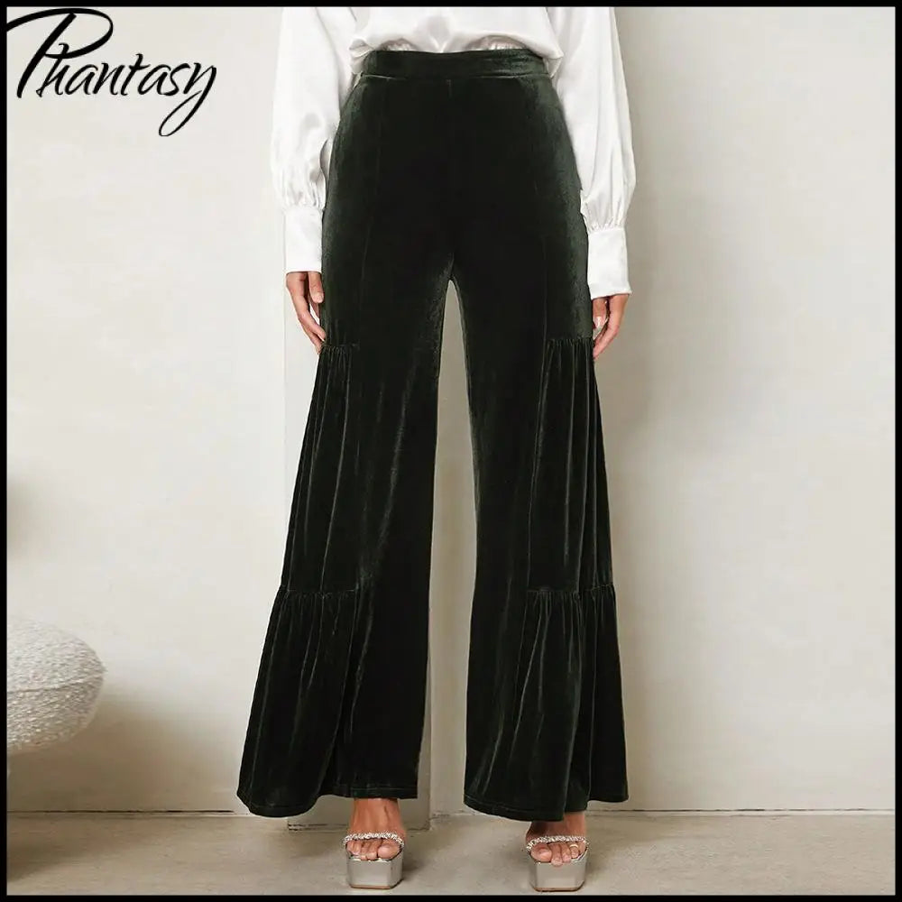 Autumn Winter Velvet Wide-Leg Pants Elegant Ruffled High-Waisted Straight-Leg Pants for Lady Casual Commuter Loose-Fit Trousers