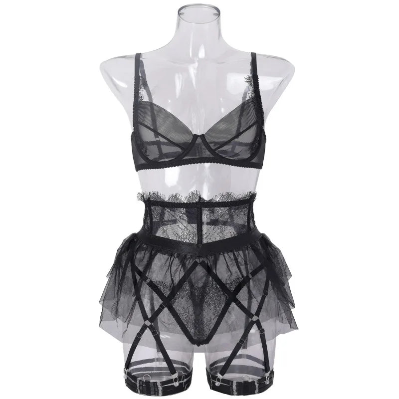 Toucheart 4 Piece Set Sexy Lingerie Set Lace Perspective Bra Women Mesh Patchwork Ruffled Skirt Garter Socks Sexy Underwear Suit