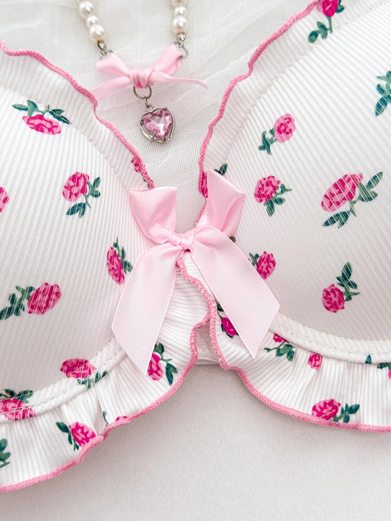 Sweet Floral Print Women Lingerie Set Bow Ruffle Trim Underwire Bra Comfy ladies Panties Daily Bra Set