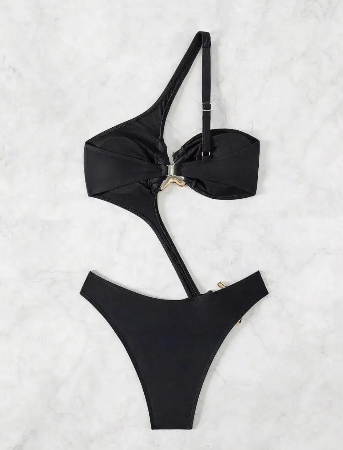 2026 Women's Sexy Black Cut-Out Bikini One Shoulder Metal Designer Backless Thong One-Piece Swimsuit Summer Swimsuit бикини