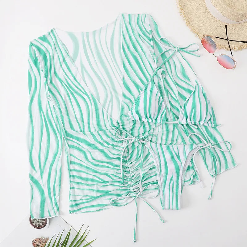 DEKA Sold Triangle Bikini Set Blouse Swimsuit Women Printed Halter Swimwear Cover Up Beach Wear 3 Pieces Sheer Bathing Suit