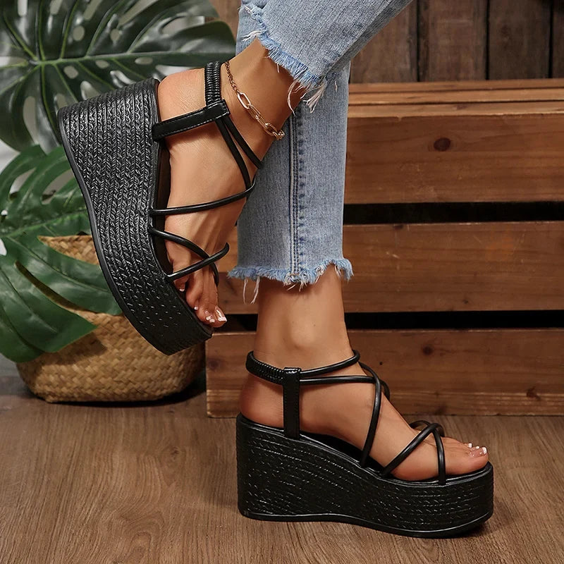 2026 New Chunky Platform Gladiator Sandals Women Gold Elastic Band Wedge High Heel Sandals Woman Plus Size 43 Summer Sandles