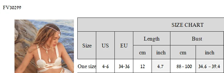 Women's Seashell Bikini Top White Ribbon Tie Straps Mermaid Core Swimwear for Beach Party and Summer Vacation