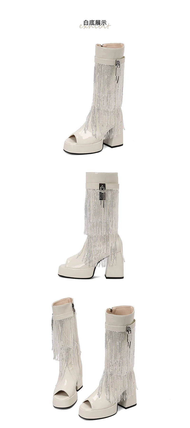 Plus Size Women White Patent Leather Fringe Tassel Mid Calf Boots Peep Toe Platform Block Heel Open Toe Party Club Heels