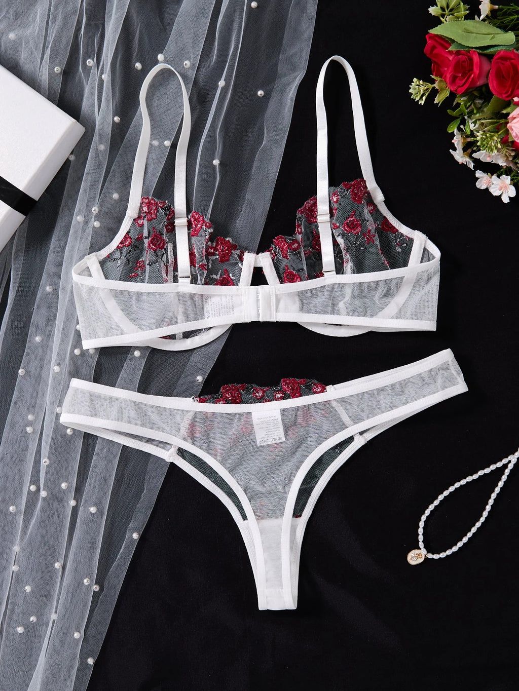 White embroidered floral lingerie set - a sexy bra and thong combination with heart-shaped decorations for ladies ZA824026