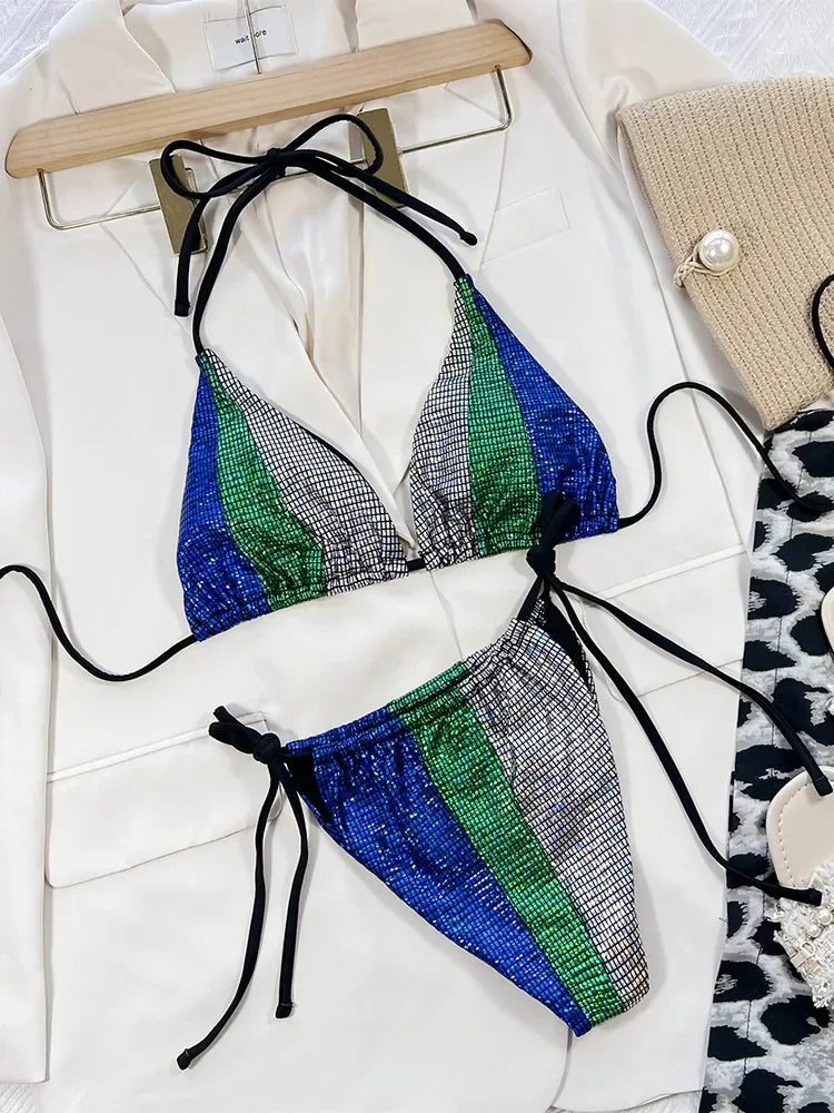 Splicing Leopard Mini Micro String Bikini Women Swimwear Female Swimsuit Two Pieces Bikini Set Halter Bather Bathing Suit Swim