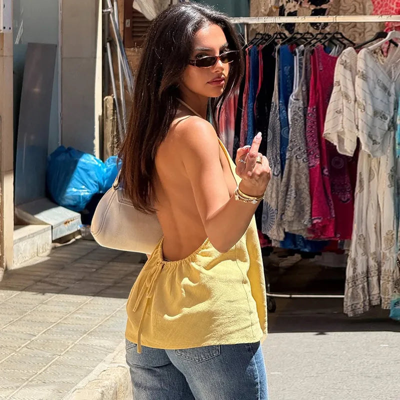 FDYOUI Woman Clothing Halter Neck Backless Camisoles Streetwear 2026 Summer Girls Sexy Lace-up Off Shoulder Yellow Tank Tops