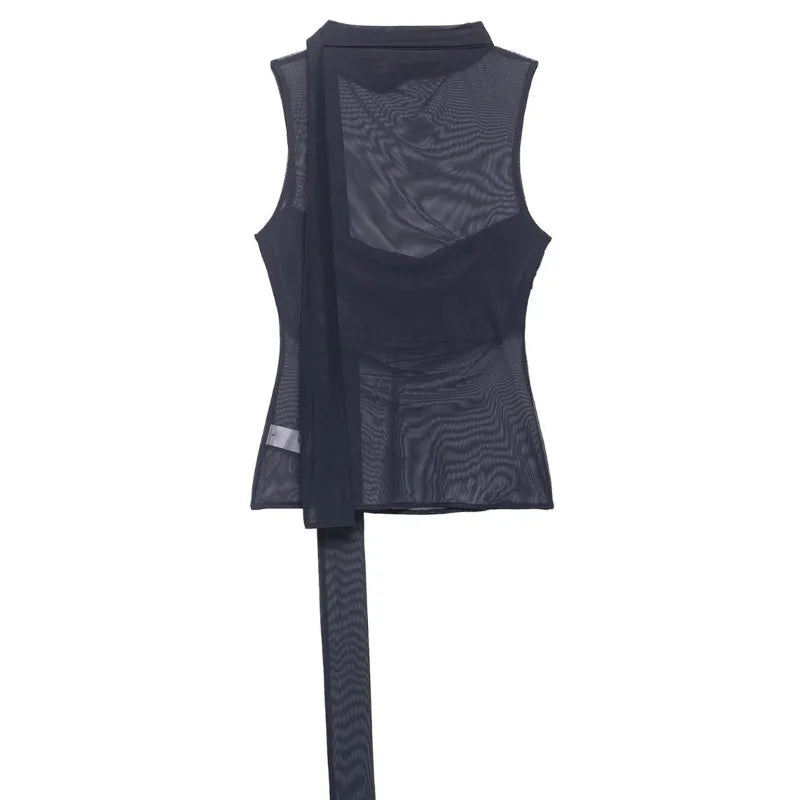 Women's Silk Mesh Scarf Top Women Dark Gray Mesh Halter Neck Sleeveless Top Ruched Front Tie Detail Sheer Casual For Party AFIA