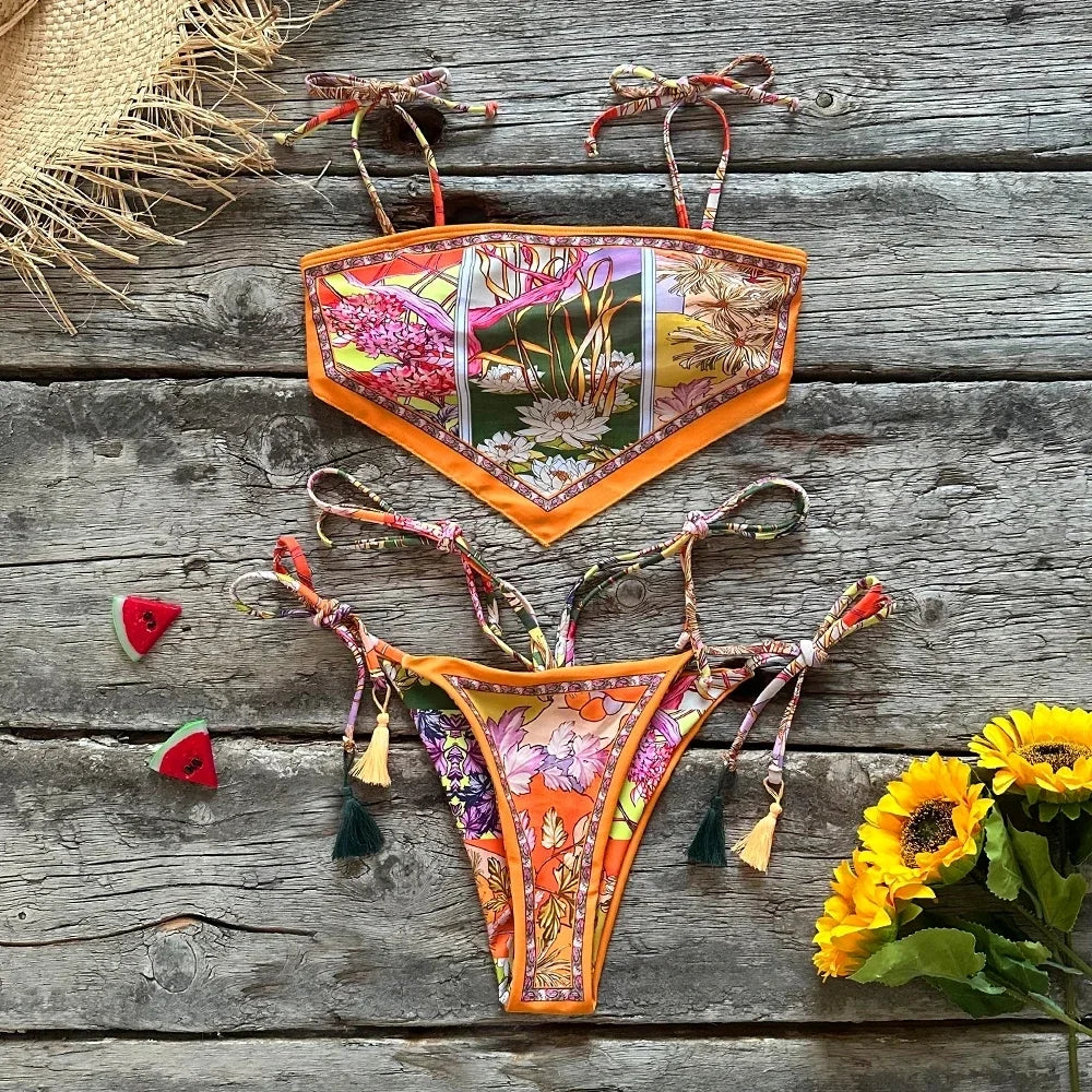 S-XXL Printed Crop Top Bikini Women Bandeau Bikinis Swimwear Female Swimsuit Two-pieces Bikini Set Bathing Suit Swim Beach Wear