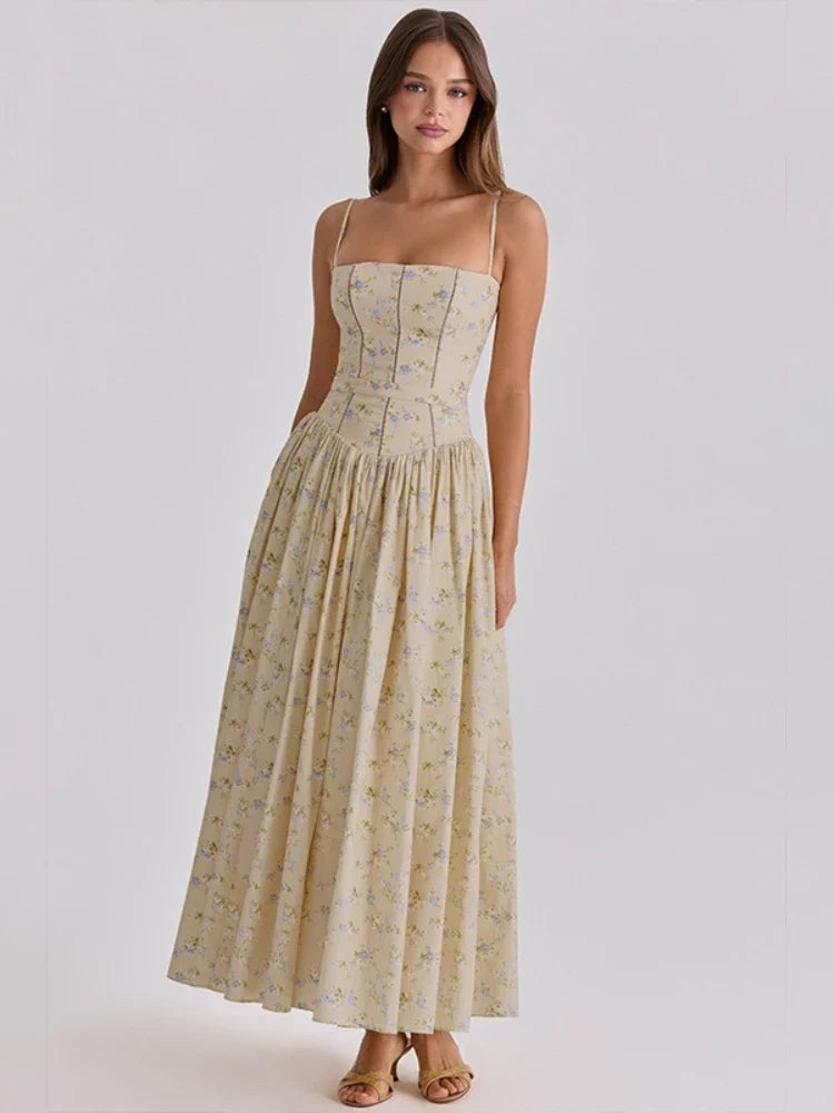 FDYOUI 2026 Summer Floral Print Spaghetti Strap Dress for Woman Elegant Sleeveless High Waist Long Party Evening Dresses Pink