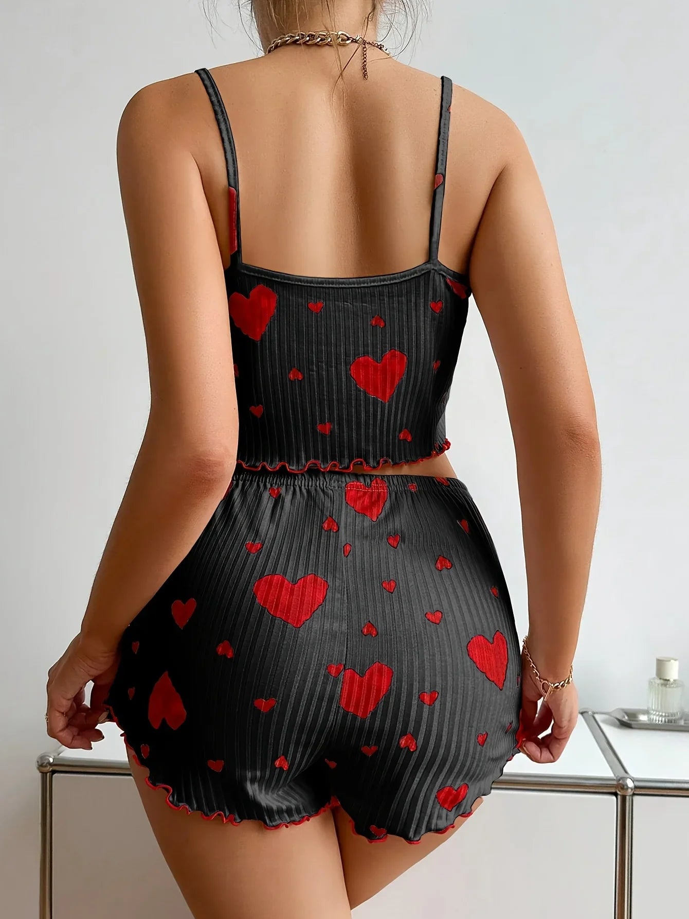 2 Pieces Pajamas Set Women Sleepwear Heart Print Crop Tops and Shorts Suit Homewear Underwear Pijama Sexy Lingerie Nighty