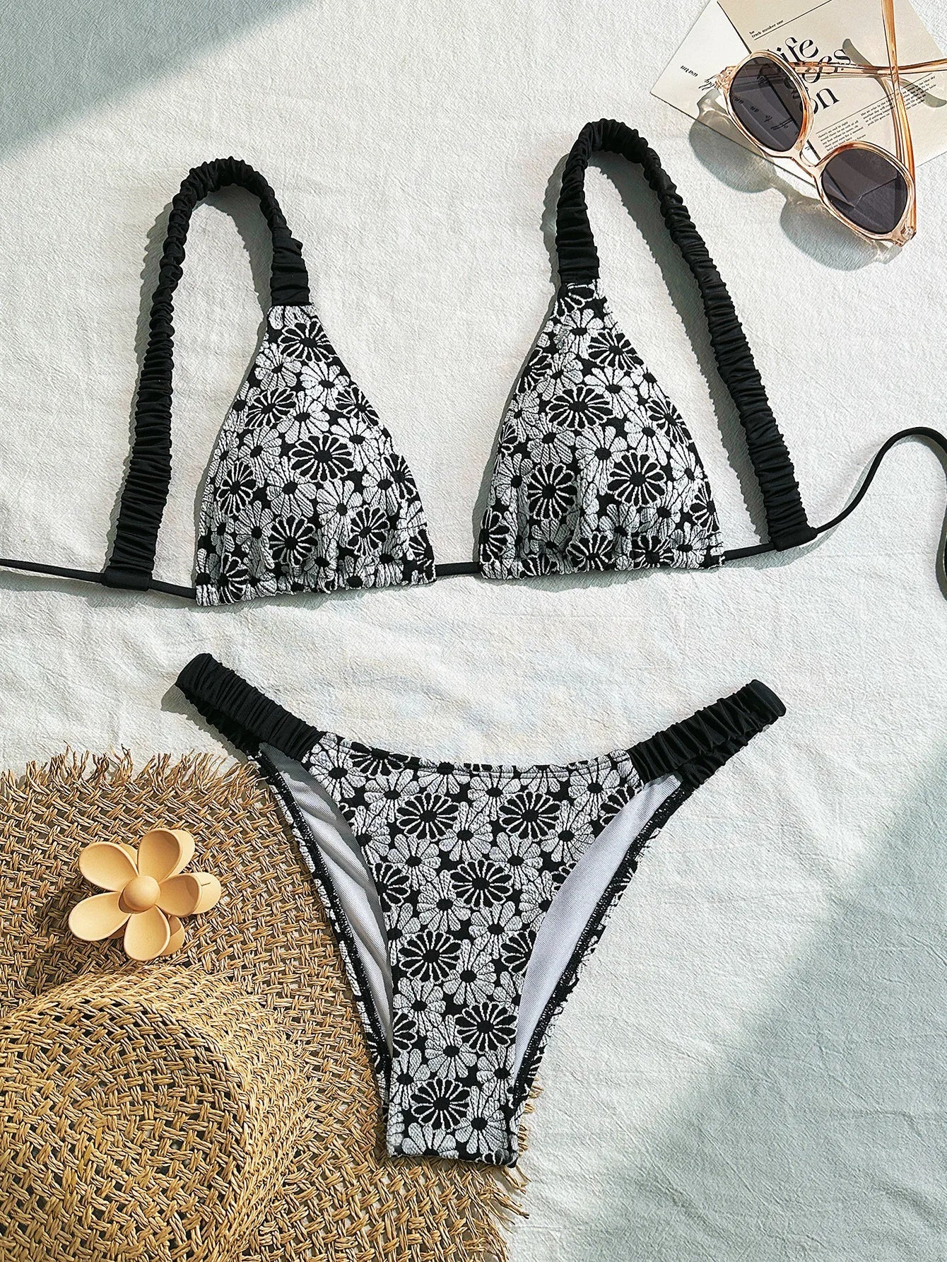 sexy flower patchwork bikinis sets two pieces women back tie thong high waist swimsuit female bathing suit swimwear biquini