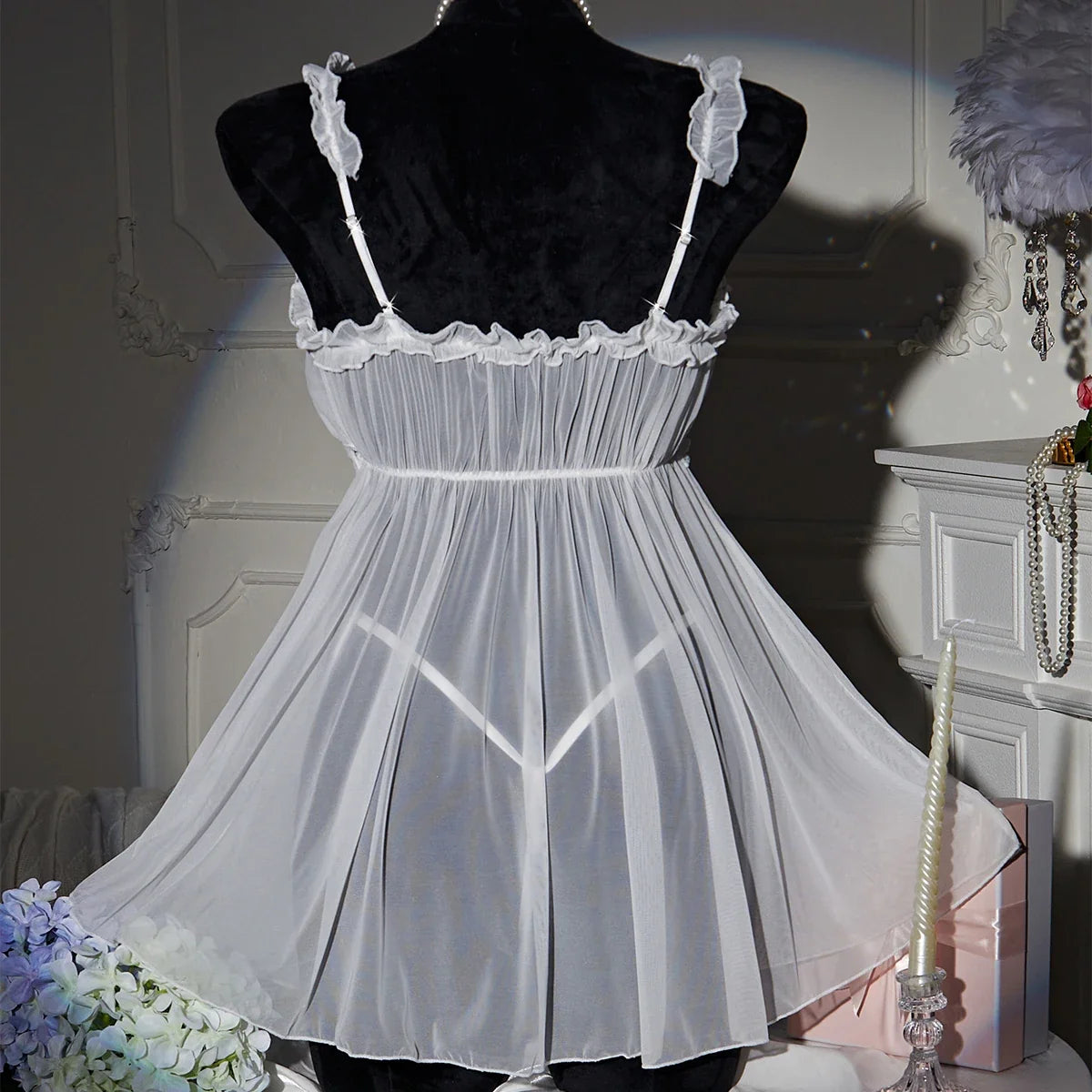White Sexy Lingerie Women's Underwear Mesh See Through Babydoll Nightdress And Thongs Pijamas Sets Female Erotic Costumes