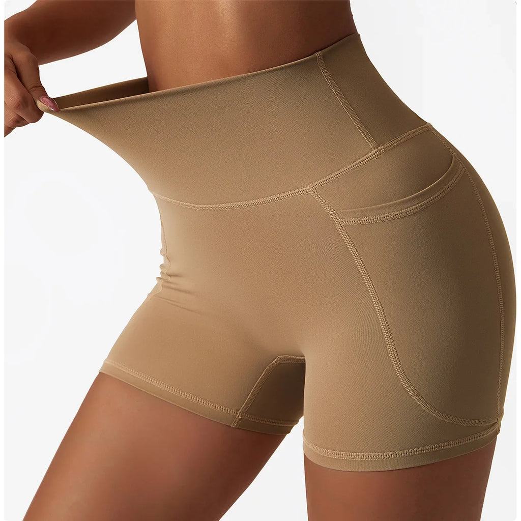 Comfortable Skin Friendly Summer High Waist Yoga Shorts Gym Hip Lift Pants Pocket Breathable Running Cycling Sports Shorts Women