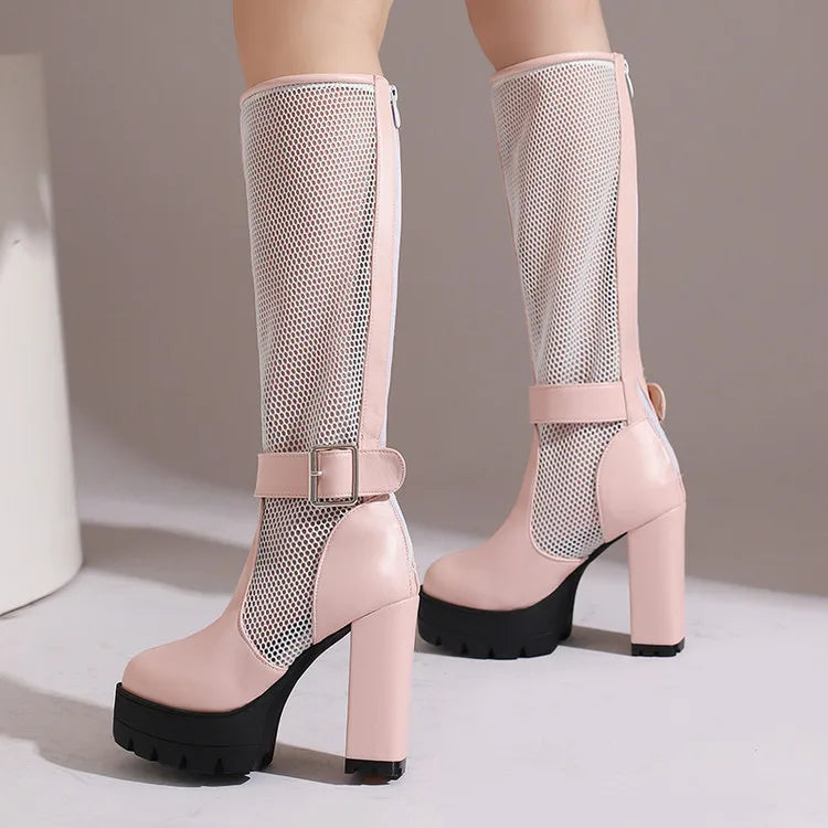 Plus Size Mesh Fabric Splicing PU High Socks Boots Ankle Buckle Ultra Thick Heel Back Zipper Breathable Summer Knee High Boots