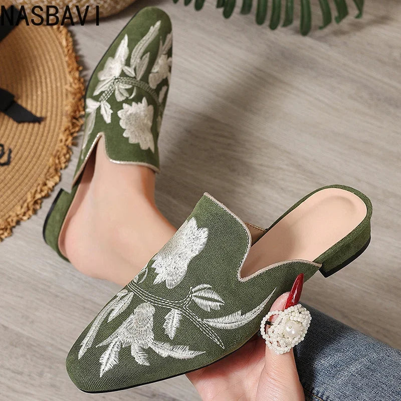 NASBAVI Fashion 3d Embroidery Mules Women Fur Slippers Velvet Shoes Ladies Low Heel Flower Decoration Sandals Women's Flip Flops