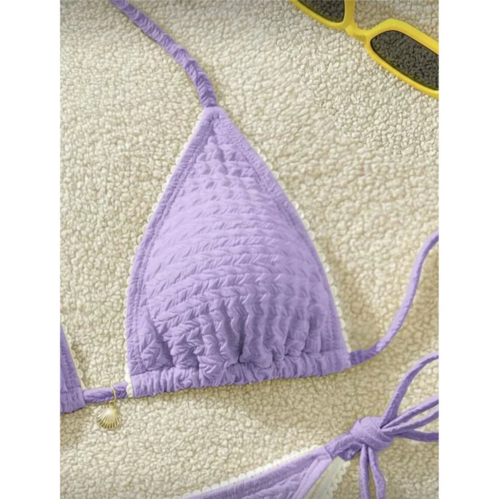 High Cut Leg Two-Pieces Bikini Set Bather Bathing Suit Swim Wrinkled Crinkled Halter Bikini Women Swimwear Female Swimsuit M125