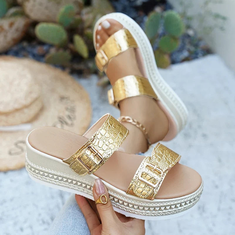 Fashion Buckle Wedge Platform Sandals Women Summer Plus Size 43 Chunky Heel Sandals Woman Heighten Thick Sole Gold Sandles Mujer