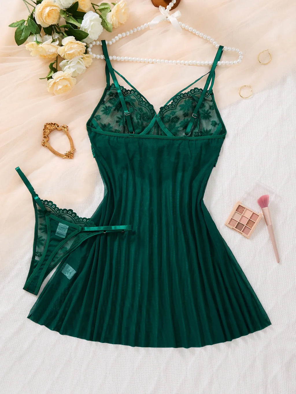 Green Daisy Floral Lace Sheer Mesh Babydoll Lingerie Set Slip Nightdress With Matching Thong Women Sexy Sleepwear ZA825096