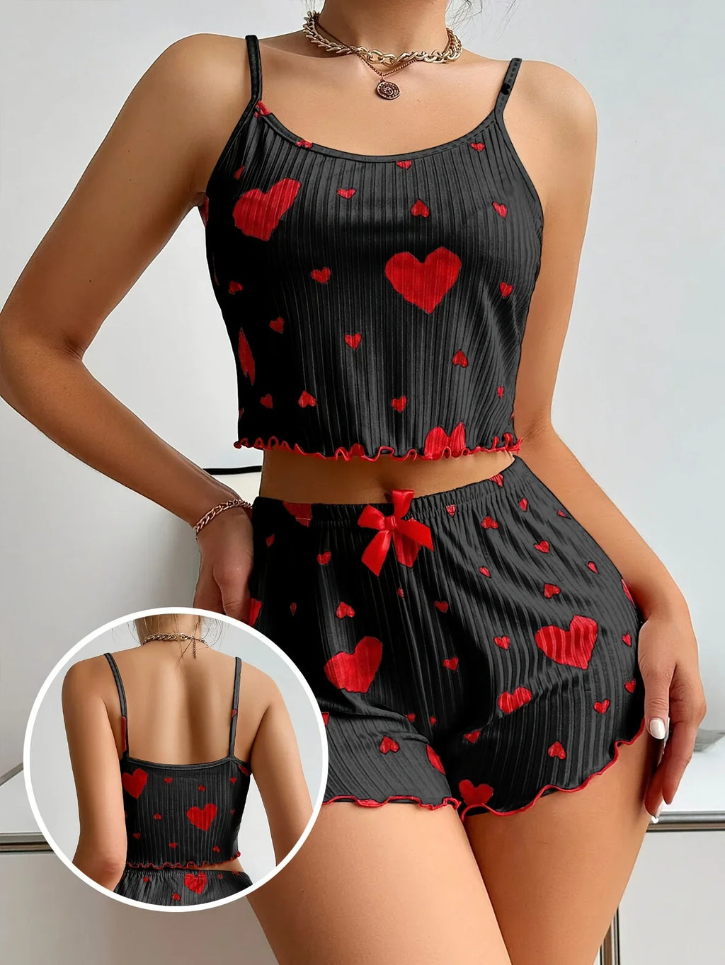 Summer Sleepwear Women 2 Pieces Pajama Set Homewear Heart Print Camisoles and Shorts Sexy Lingerie Nighty Underwear
