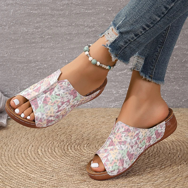 Mix Color Med Heels Slippers Women 2025 Summer Pu Leather Thick Platform Sandals Woman Lightweight Open Toe Non-Slip Flip Flops