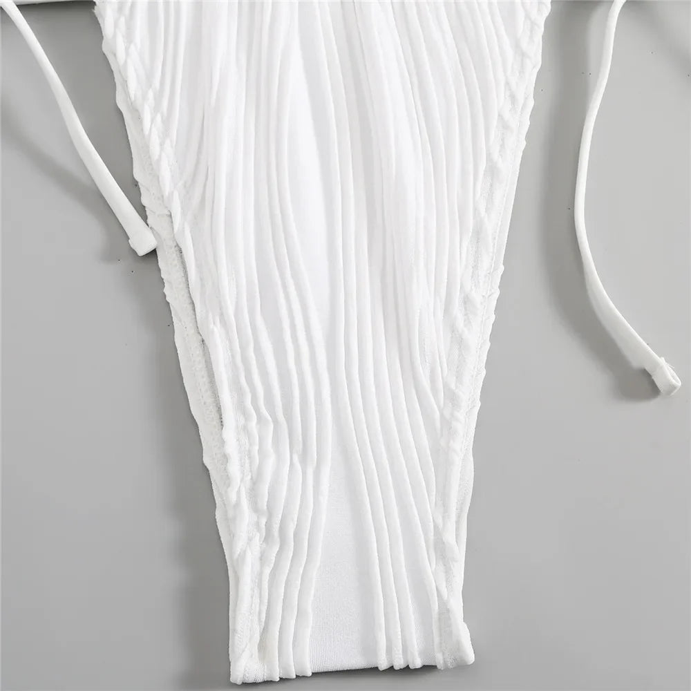Sexy Backless One Piece Swimsuit Woman 2026 String Texture Swimwear Hollow Out Monokini High Cut Bathing Suit Deep V Neck Bather