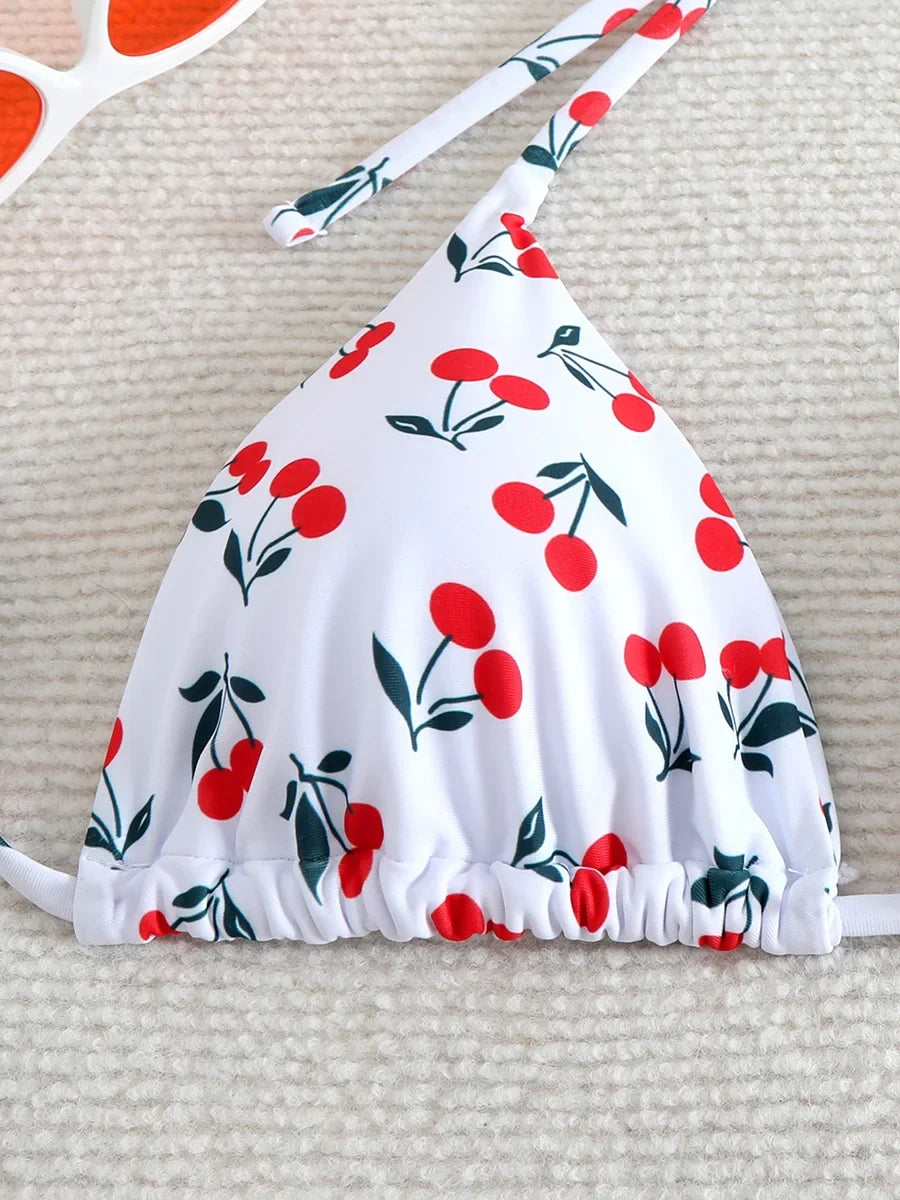 XS - L Cherry Print Halter Strappy Bikini Female Swimsuit Women Swimwear Two-pieces Bikini Set Tie Side Bather Bathing Suit Swim