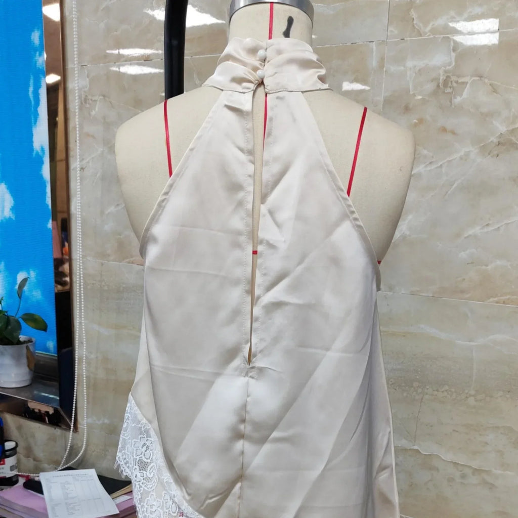 Solid Color Satin Halter Neck Vest for Women Summer Sleeveless Open Back Irregular Lace Hem Tank Tops