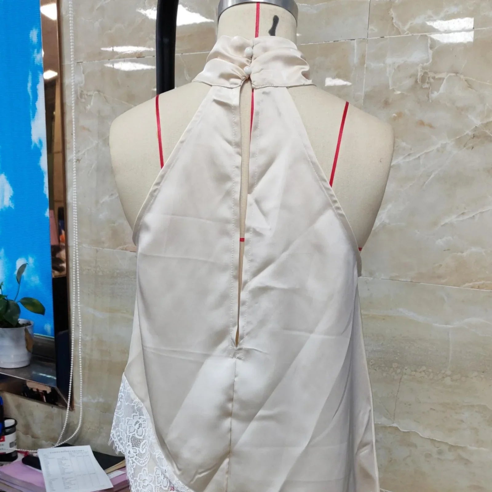 Solid Color Satin Halter Neck Vest for Women Summer Sleeveless Open Back Irregular Lace Hem Tank Tops