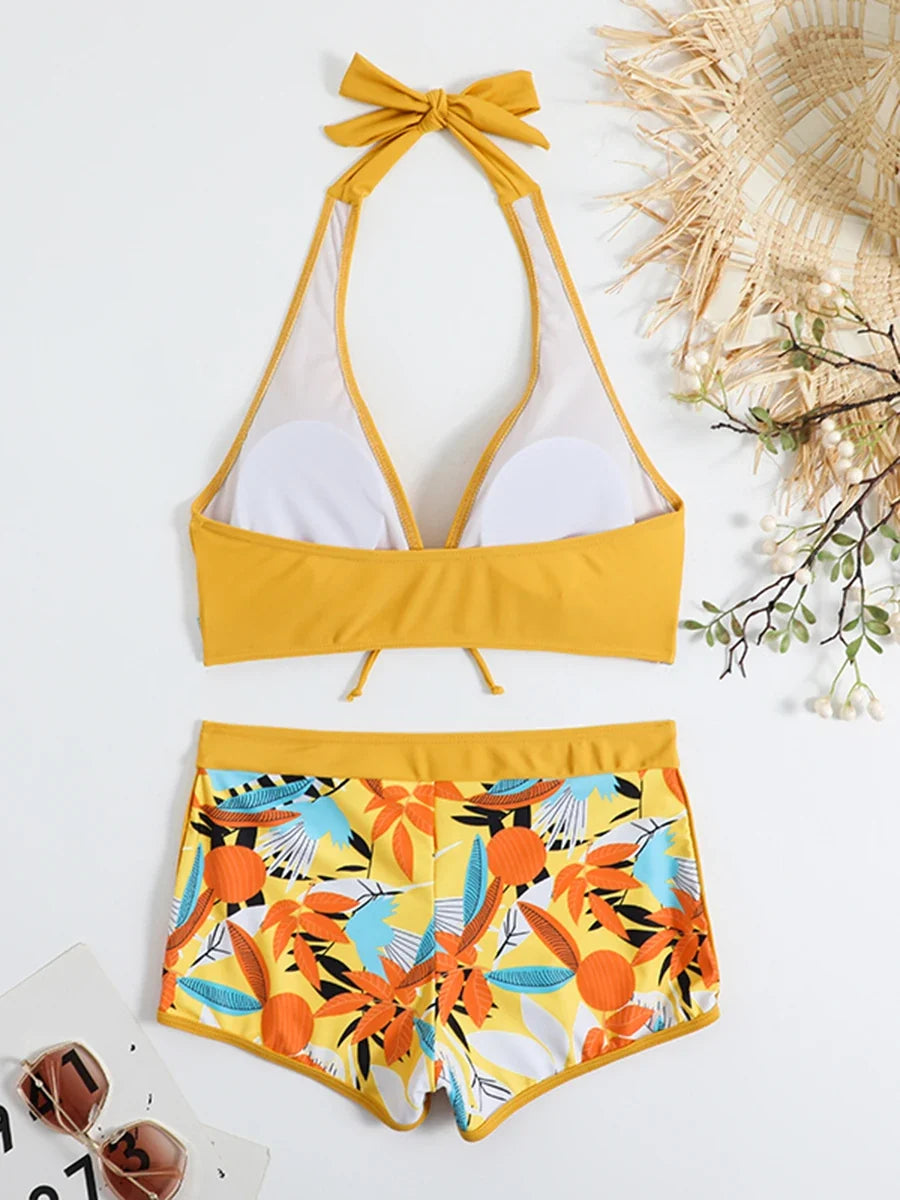 Halter Bikinis 2026 Women Printed Swimsuit Shorts High Waist Swimwear Female Bathers Swimming Bathing Suit Summer Beachwear