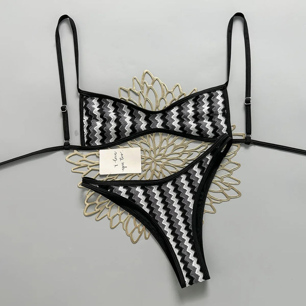 Crochet Striped High Leg Cut Brazilian Bikini Female Swimsuit Women Swimwear Two-pieces Bikini Set Bather Bathing Suit Swim Lady