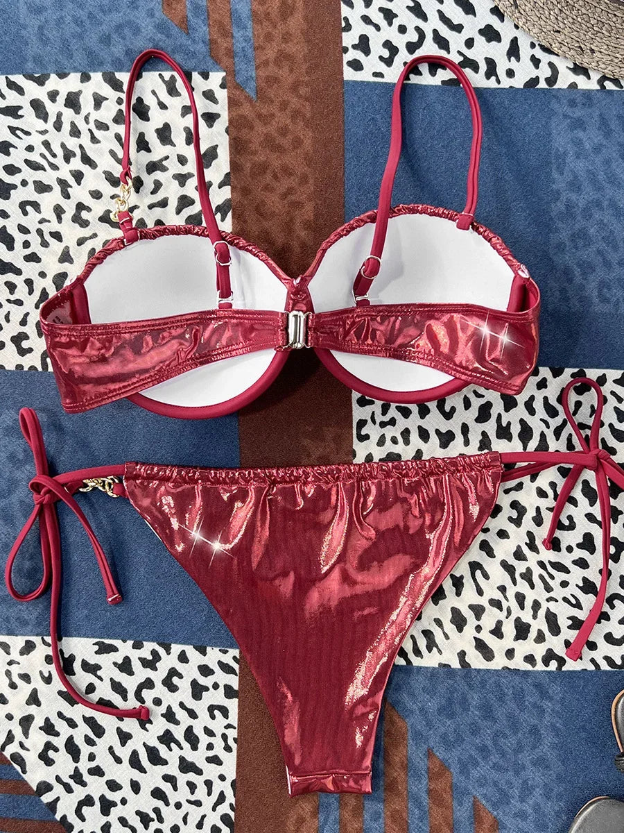 Shiny PU Leather Underwired Bra Cup Bikini Women Swimwear Female Swimsuit Two-pieces Bikini Set Push Up Bathing Suit Swim Lady