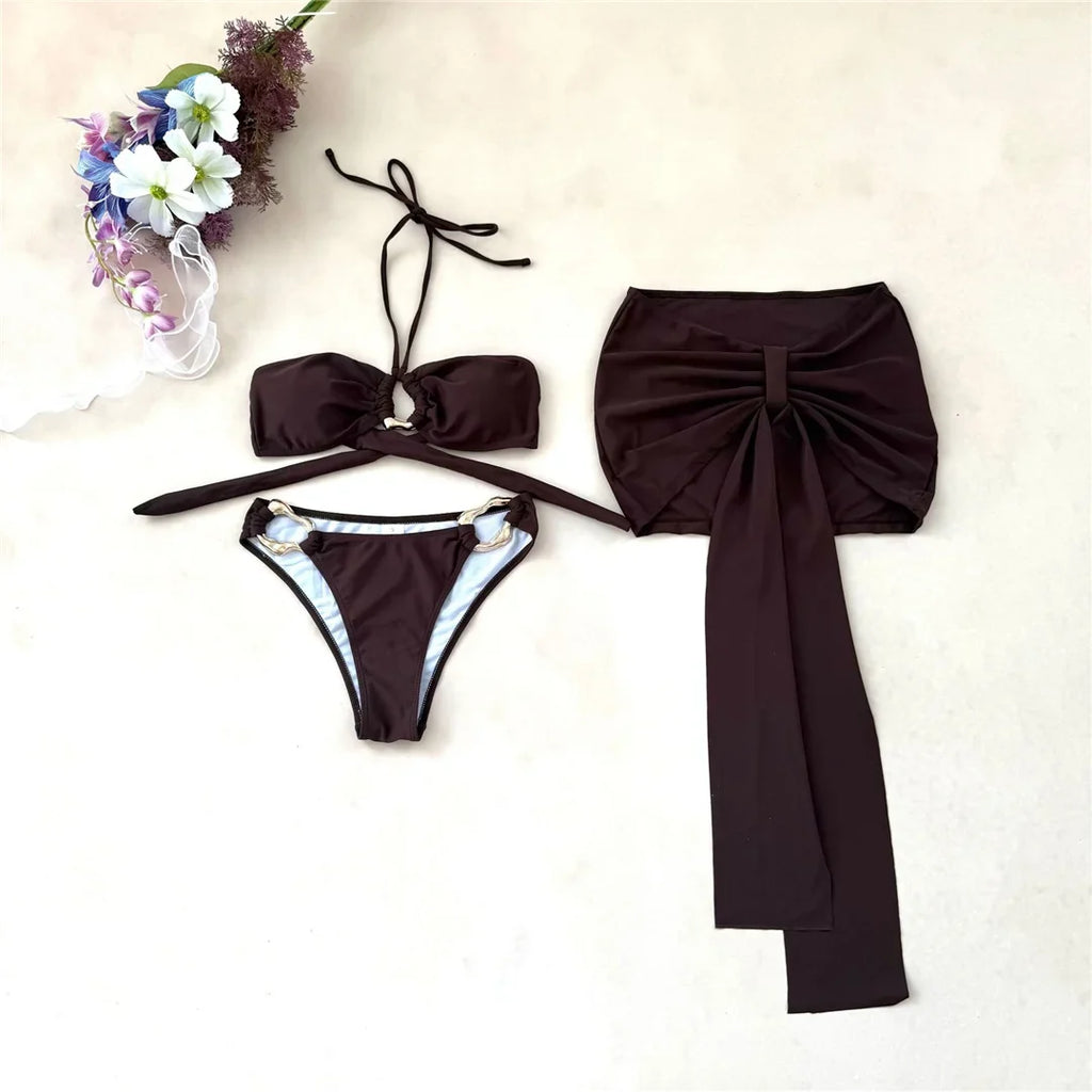 3PCS With Skirt Halter Metal Ring Bikini Female Swimsuit Women Swimwear Three-pieces Bikini set Bather Bathing Suit Swim K7157