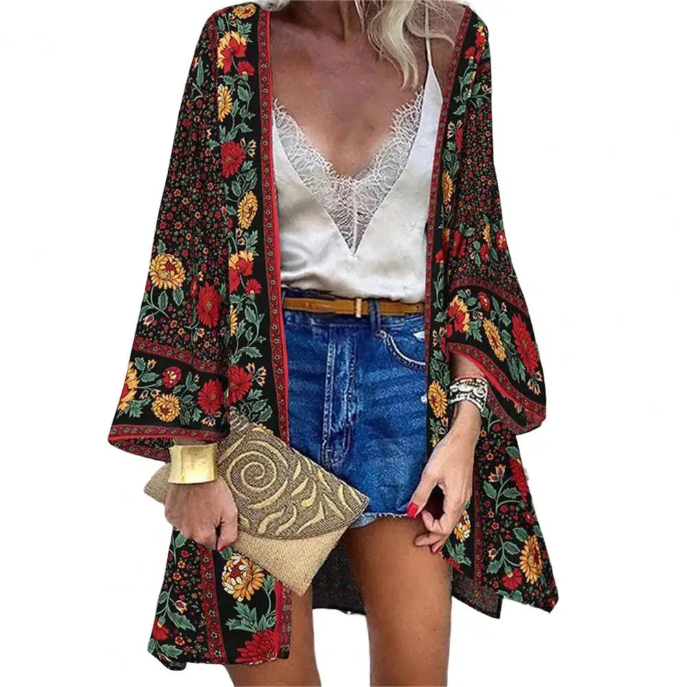 Bohemian Sun Protection Long Blouse Women Cardigan Floral Print Batwing Sleeve Summer Cardigan for Daily Wear