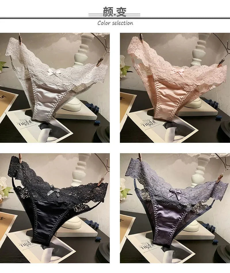 Women's Briefs Satin Lace Sexy Women's Underwear Low Waist Transparent Hollow Out Panties Breathable Soft Seamless Lingerie