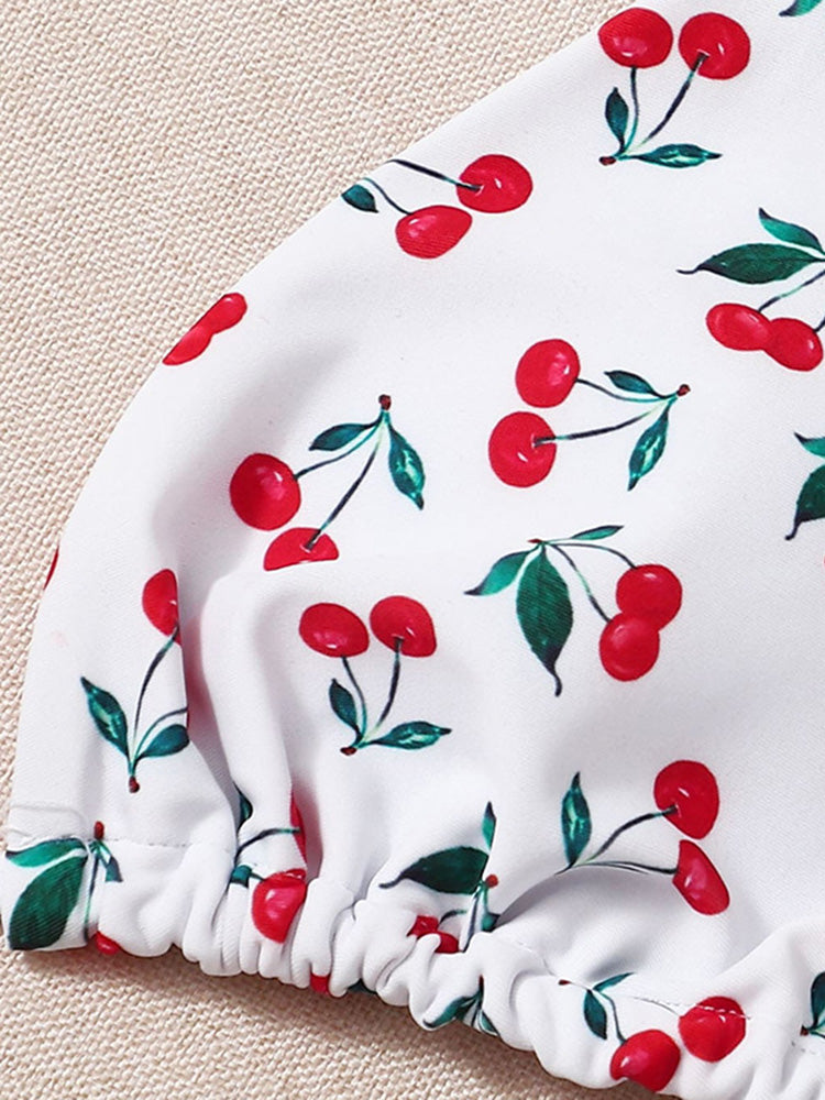 With Mesh Skirt Cherry Printed Bikini Female Swimsuit Women Swimwear Three Pieces Bikini Set Halter Bathing Suit Swim Beachwear