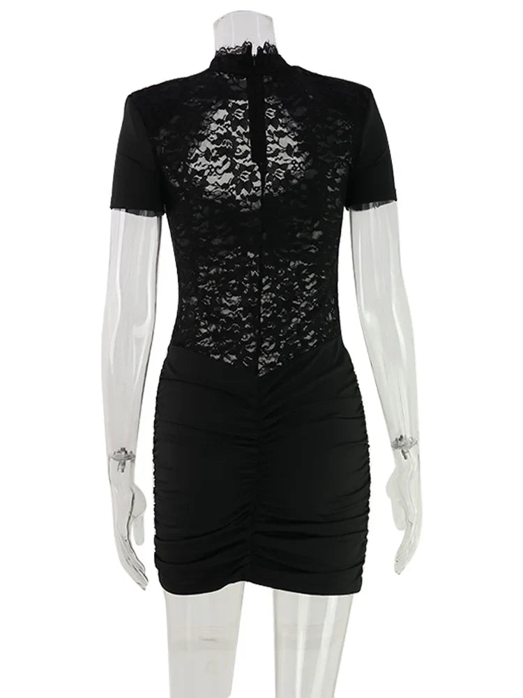 Ahagaga Sexy Patchwork Dresses For Women Short Sleeves Sheath Pleated Slim Fit Hollow Out Lace Basic Trend Streetwear Vestidos