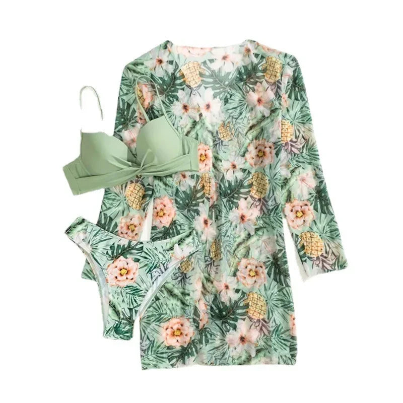 20 Colors Three Piece Bikinis Set Women Sexy Push Up Swimwear Swimsuit Plants Print Bathing Suit Bikini Cover Up Banadores Mujer