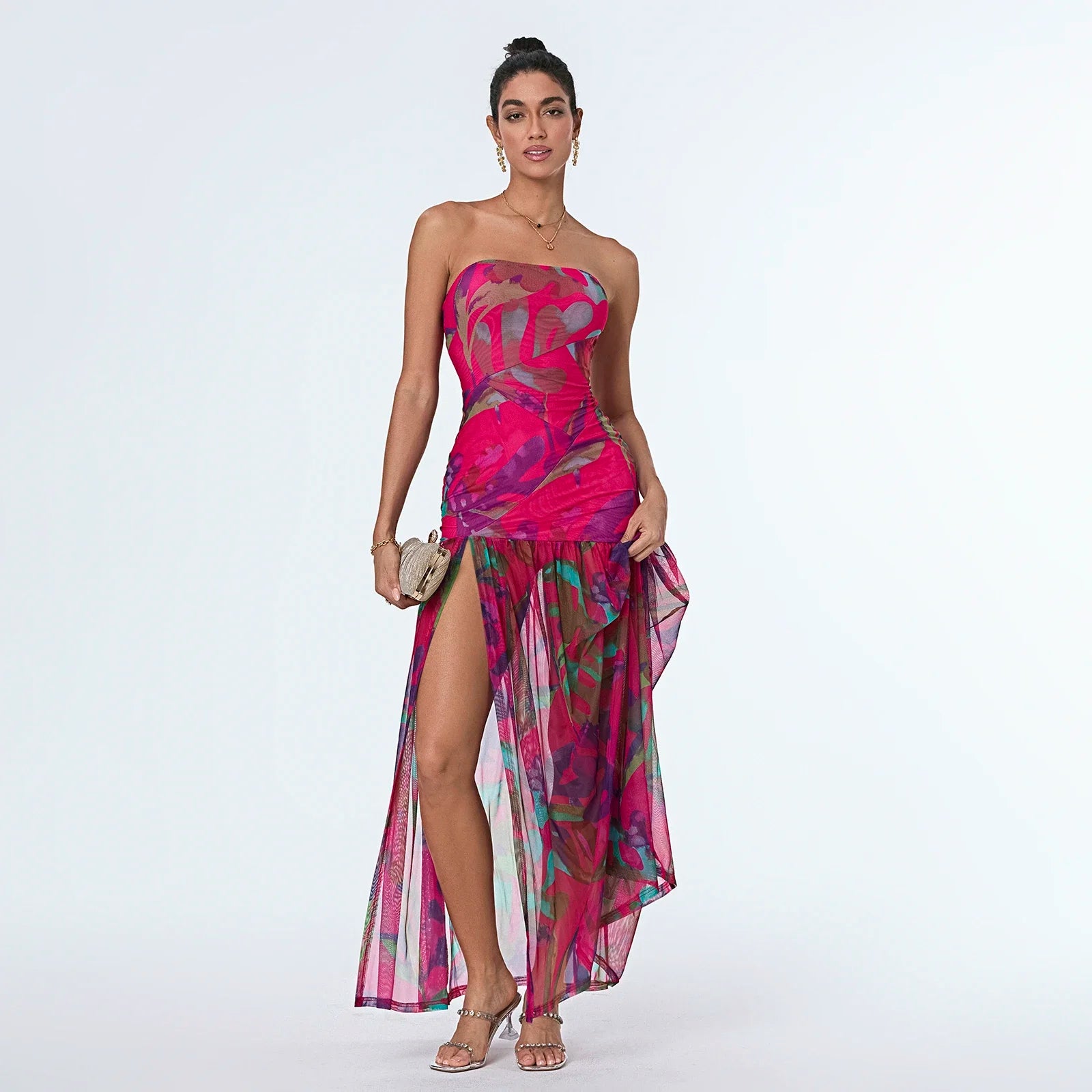 Women’s Tube Top Dress Bohemian Printed Strapless Mesh High Slit Long Dress Summer Evening Party Beach Sexy Club Dresses Summer