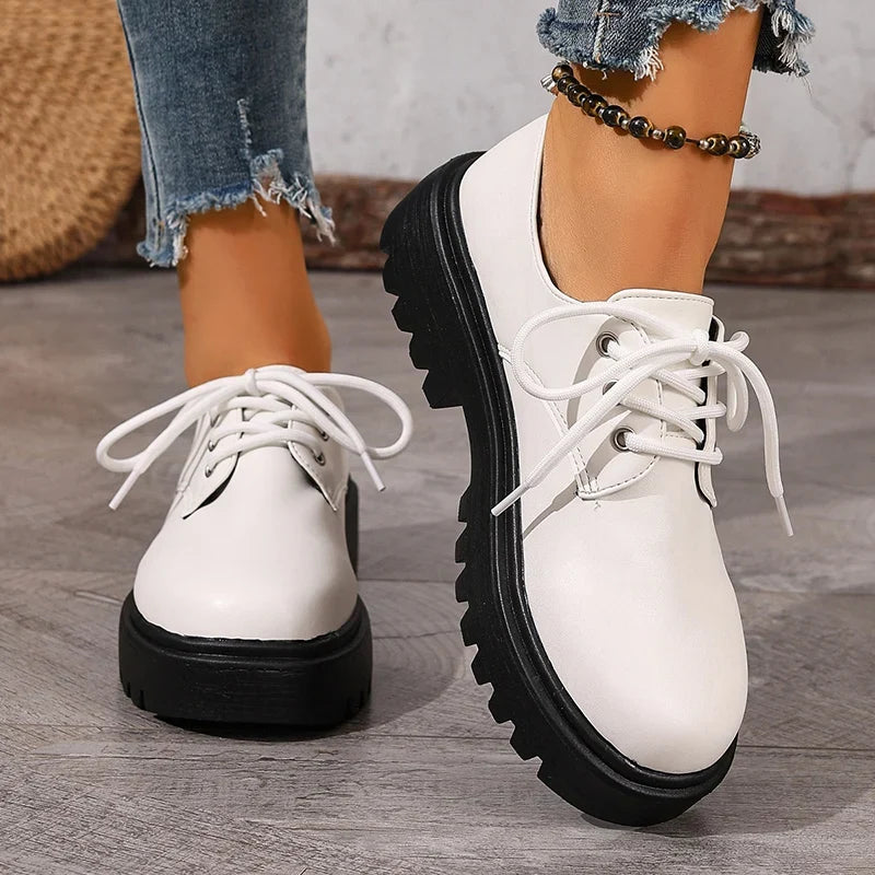 British Style Platform Oxford Shoes for Women Fashion Lace Up Thick Bottom Pu Leather Shoes Wman Plus Size 42 Office Work Shoes