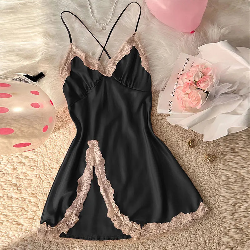 Women's Sleepdress Contrast Lace Satin Nightdress Deep V Backless Lace Up Split Slip Sleep Casual Dress Summer Nightwear Female