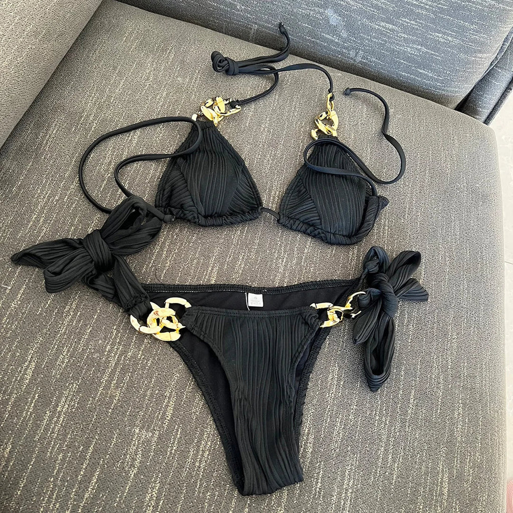 Halter Metal Rings Bikinis Wrinkled Bikini Female Swimsuit Women Swimwear Two-pieces Bikini Set High Cut Bathing Suit Swim Lady