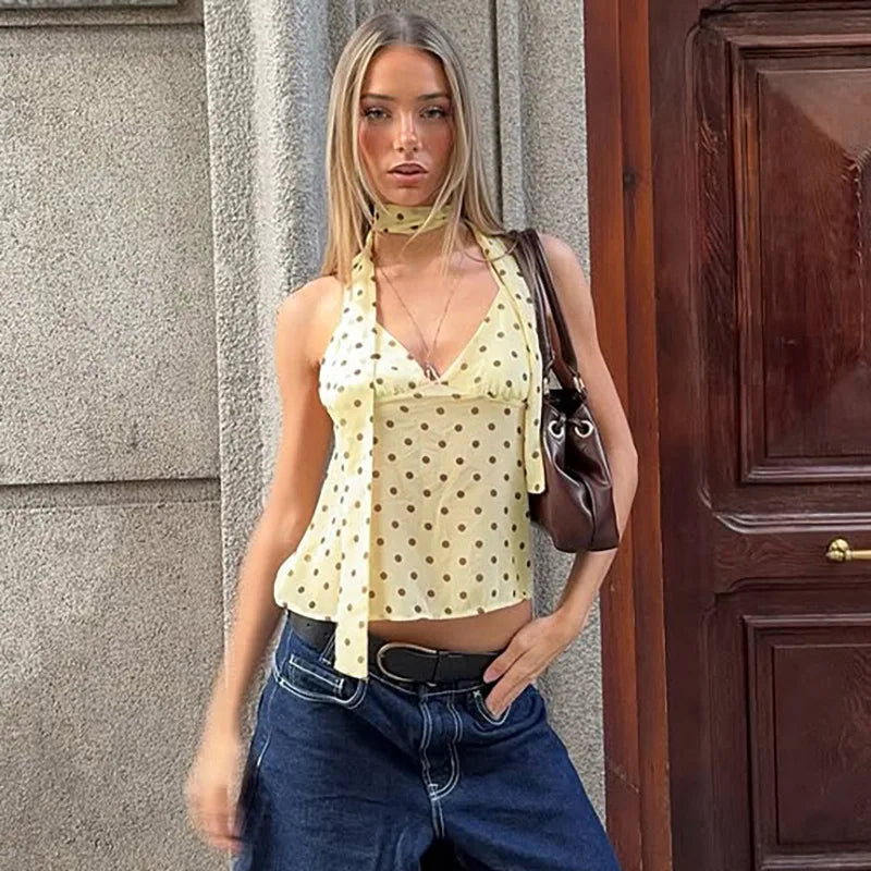 FDYOUI Y2K Bandage Polka Dot Crop Top Women 2026 Summer Sexy Halter Lace-up Camisoles Girls Chic Backless Tanks Tops Streetwear