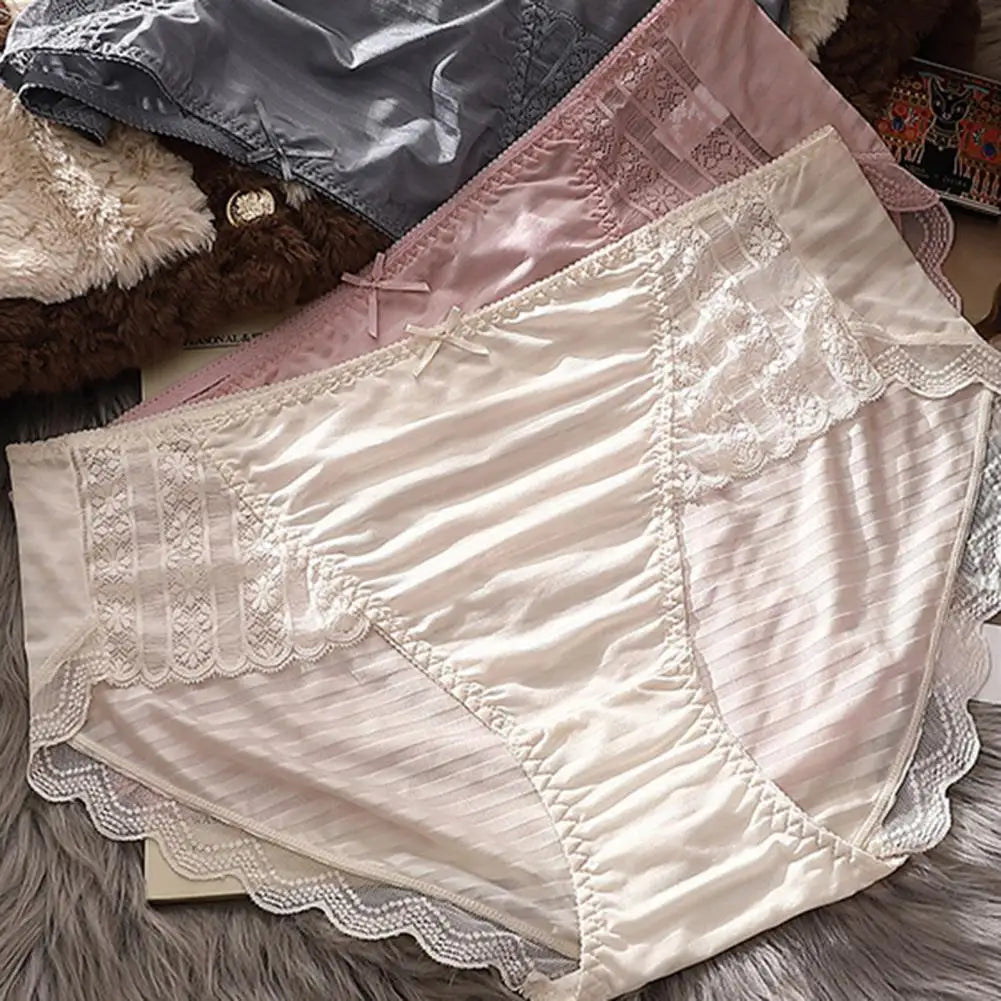 Anti-septic Women Underpants Women Panties Mid Waist Lace Bow Decor Tummy Control Butt-lifted Soft Stretchy Quick Dry Briefs